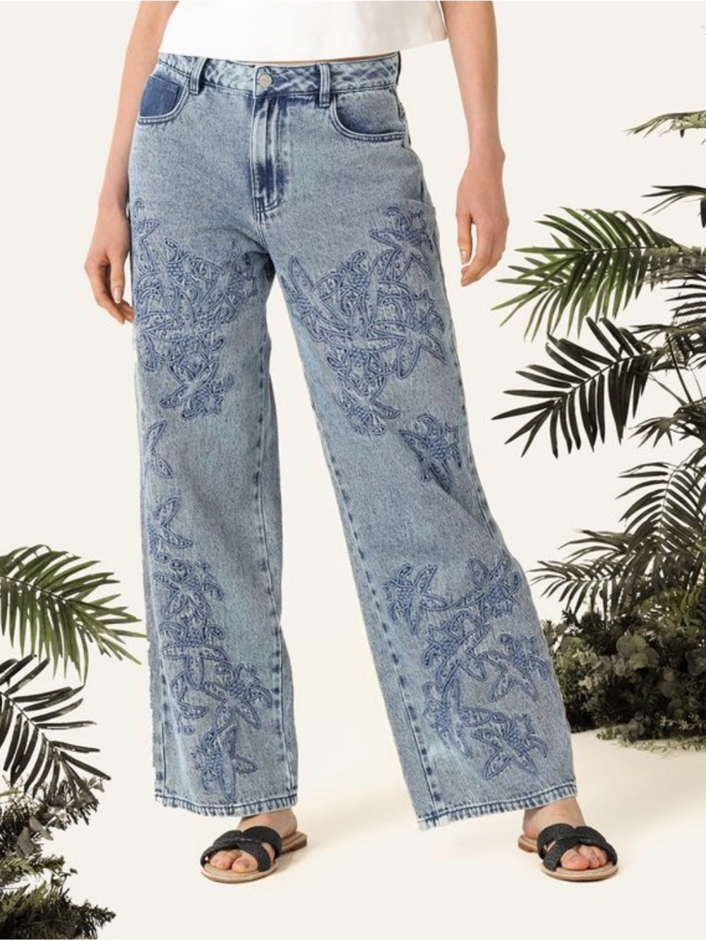 Light Blue Embroidered Wide-Leg Bahia Maria  x Falabella Jeans